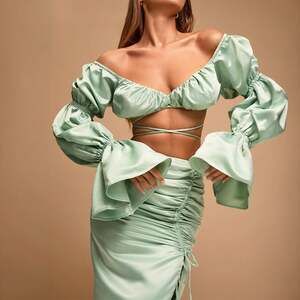 Alamour The Label Arcelia Sage Green Crop To Skirt Set Size XXS